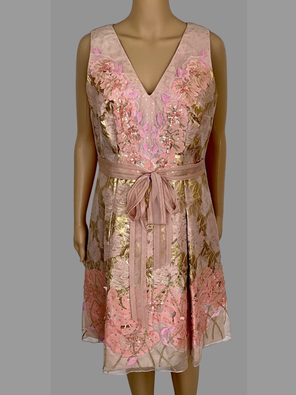Carolina Herrera Pink Gold Dress Jacquard Sequin Floral Size 10